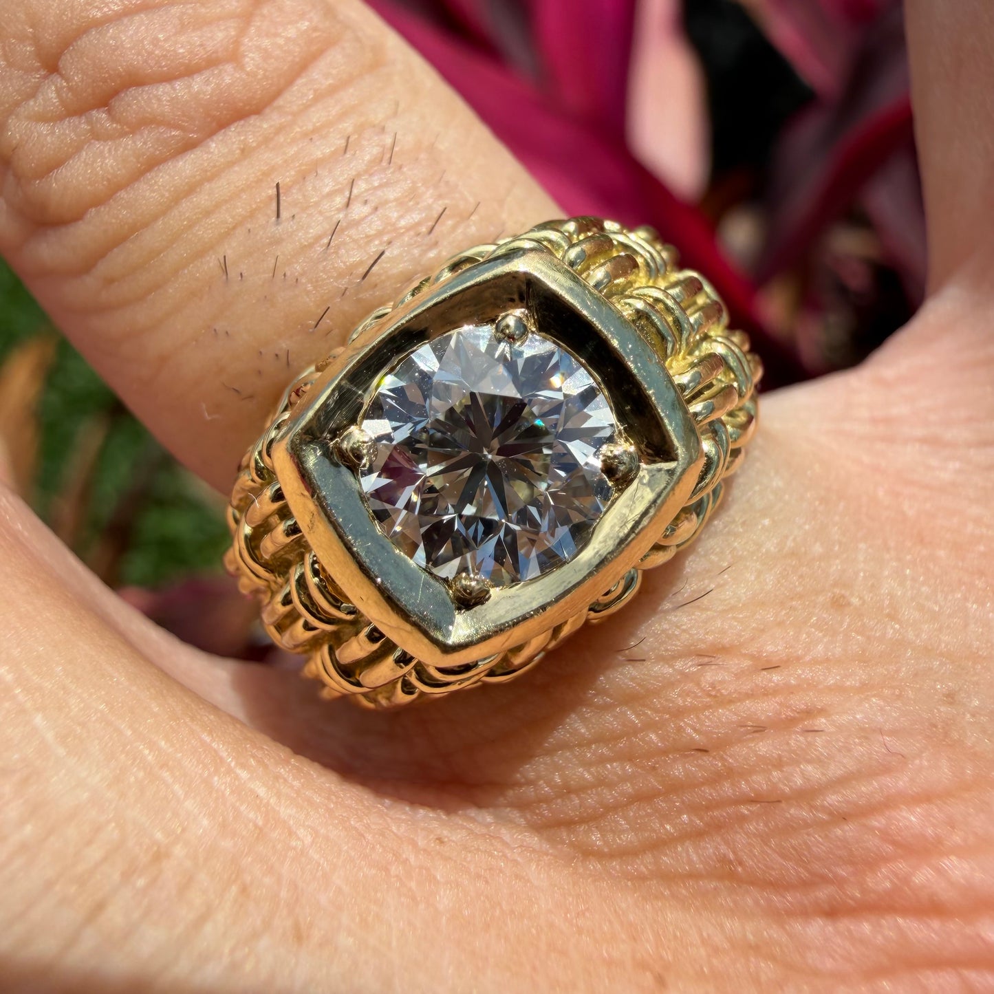 Vintage 2.0ct Natural VS1/I Old Euro Cut Diamond Solid 18k Yellow Gold Basket Weave Solitaire Ring(8)