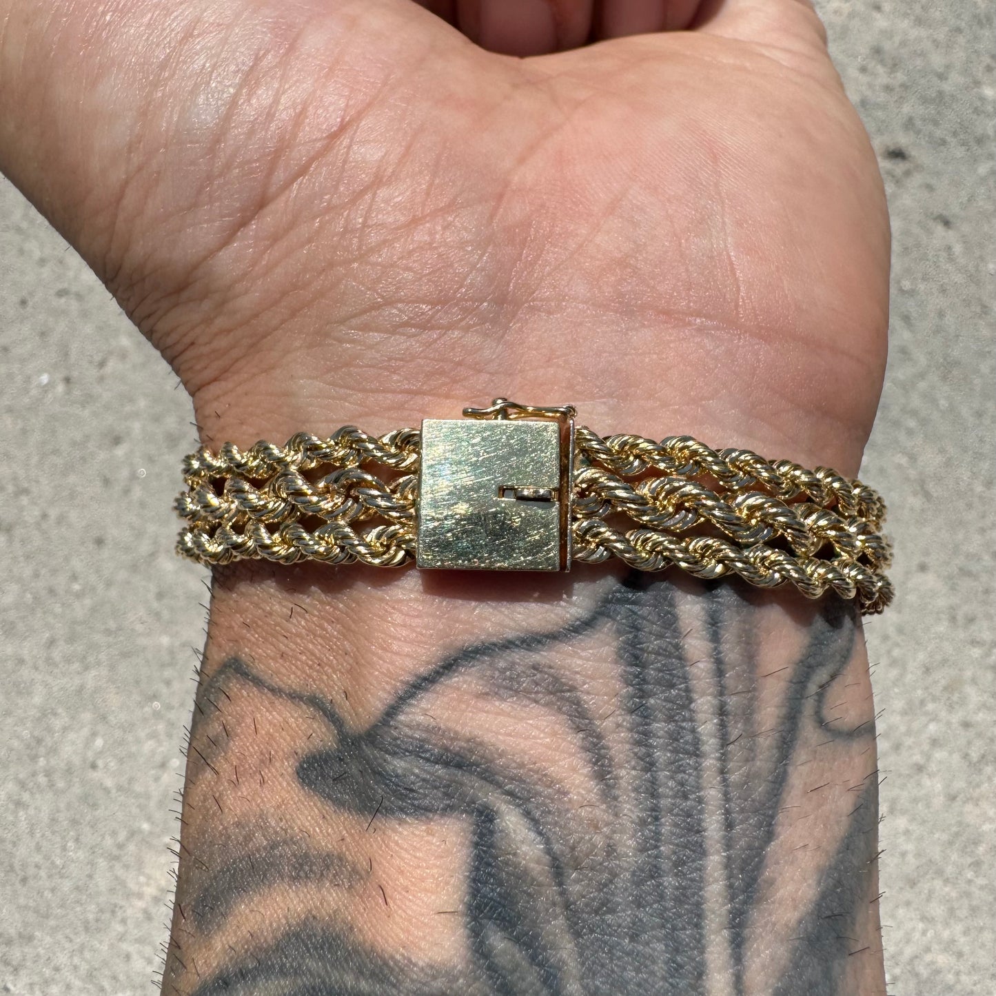 Vintage Custom Solid 14k Yellow Gold 1.0ctw Natural Diamond “B” Nameplate Triple Rope Bracelet (8”)