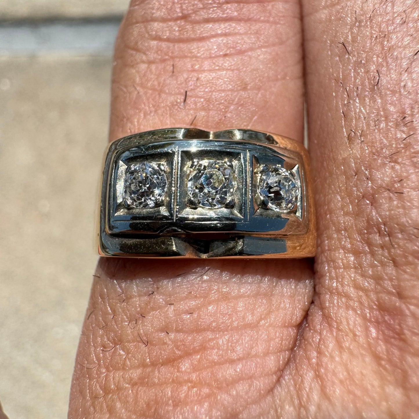 1930’s Art Deco 14k .50CTW Natural VS Quality Euro Cut Diamond Trio Gents Ring (10)