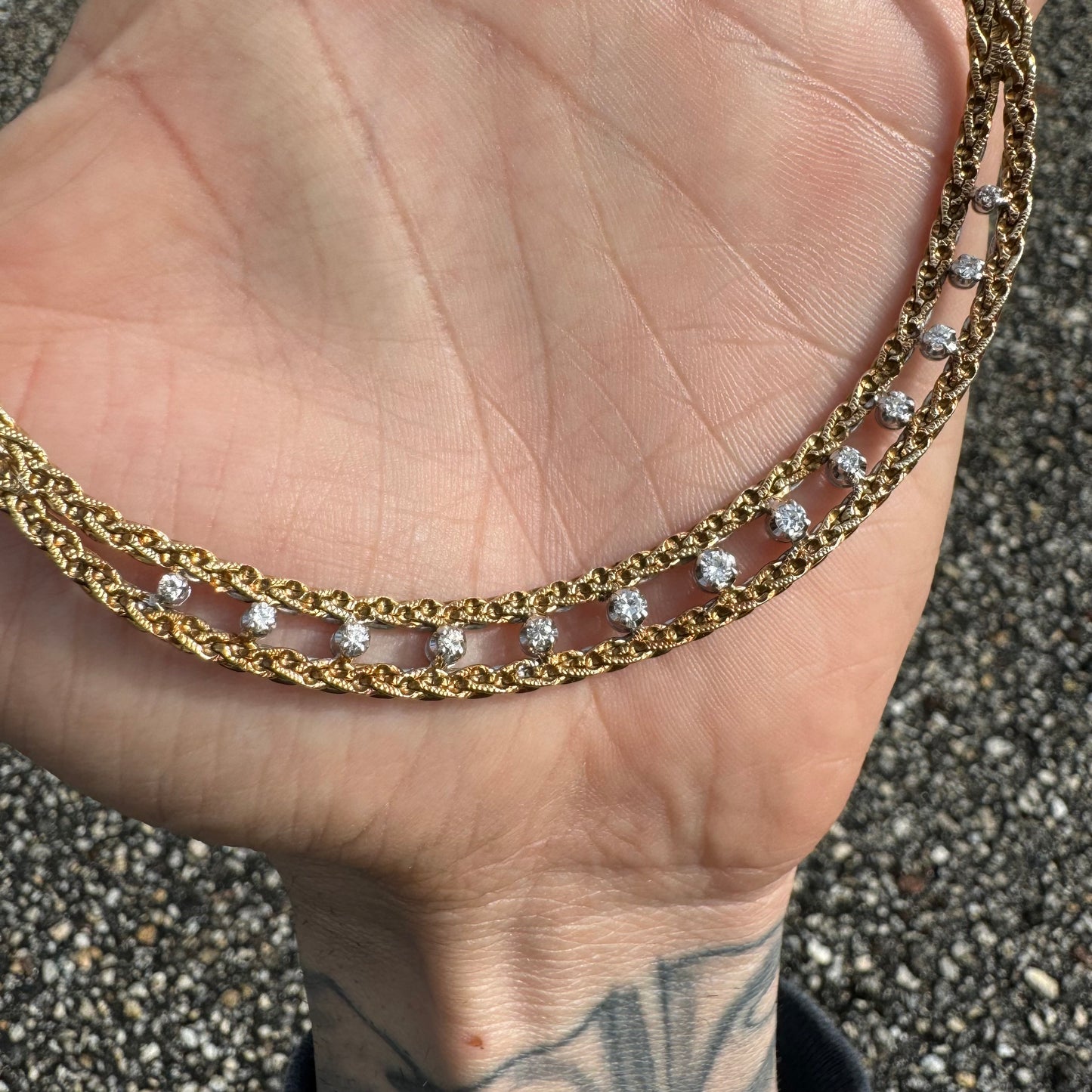 Vintage Solid 14k Italian Yellow Gold Floating 1.1CTW VS Quality Natural Diamond Double Row Braided Foxtail Necklace (17”)