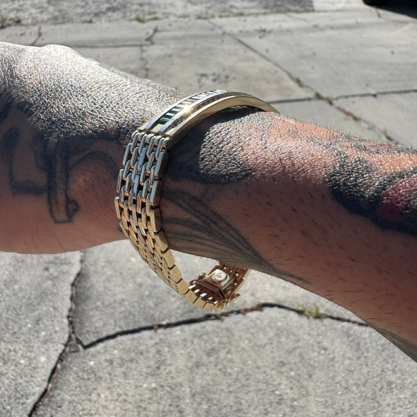 Vintage Heavyweight Solid 14k Yellow Gold 4ctw Natural Emerald And Diamond Panther Link ID Bracelet (7.75”)