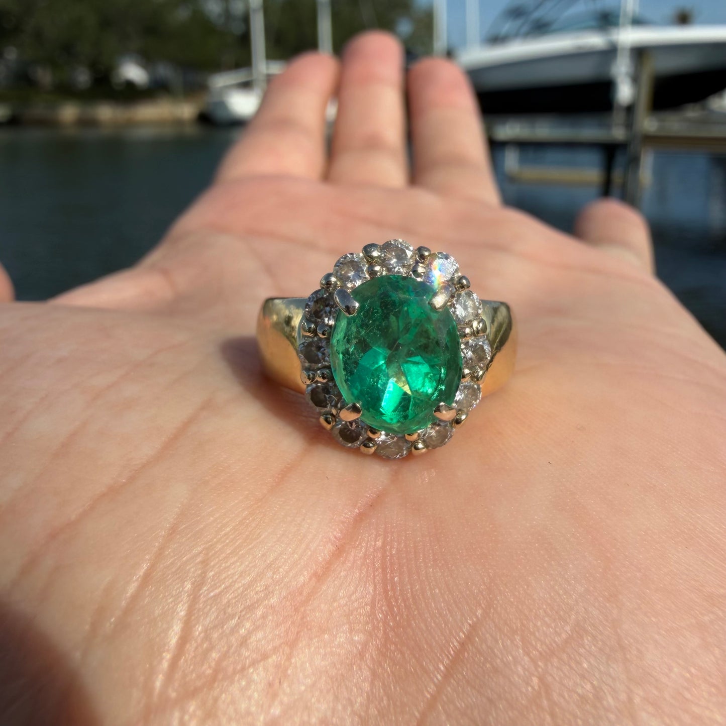 Vintage Solid 18k Yellow Gold 4.0ctw Natural Emerald Solitaire VS Diamond Halo Ring (6)