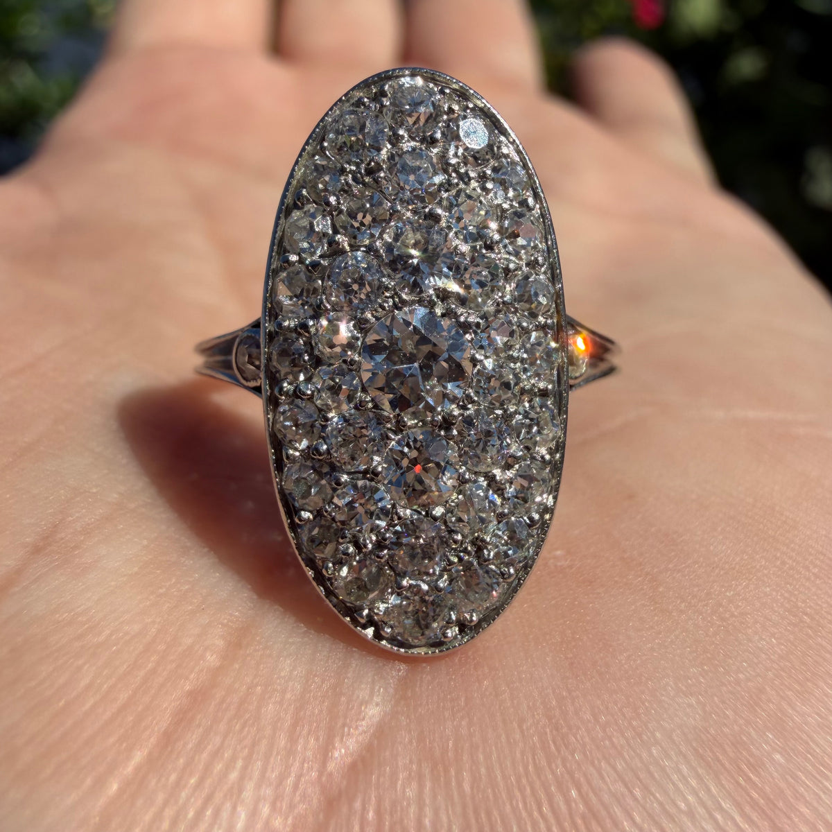 Victorian Solid Platinum 2.25ctw Natural Old Mine Cut Diamond Cluster Oval Navette Ring (7.5)