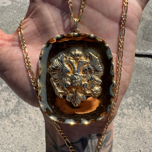 Vintage Designer Handmade Solid 18k Yellow Gold Large Russian Coat of Arms Imperial Double Eagle REPOUSSÉ Pendant