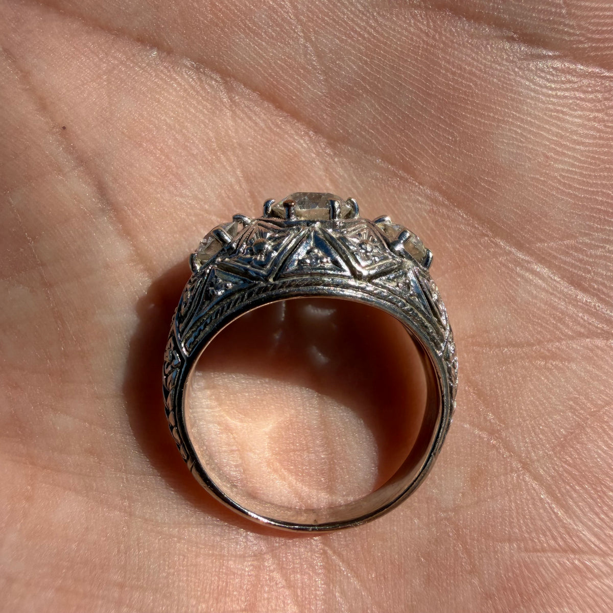 Art Deco Solid Platinum 1.0ctw Natural Old Euro Cut Diamond Trilogy Dome Ring (6.5)