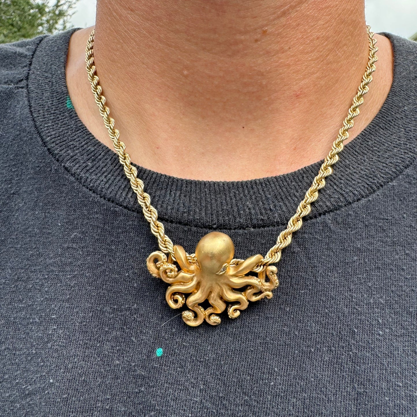 Designer Made Solid 14k Matte Yellow Gold Heavy Lifelike Octopus Pendant