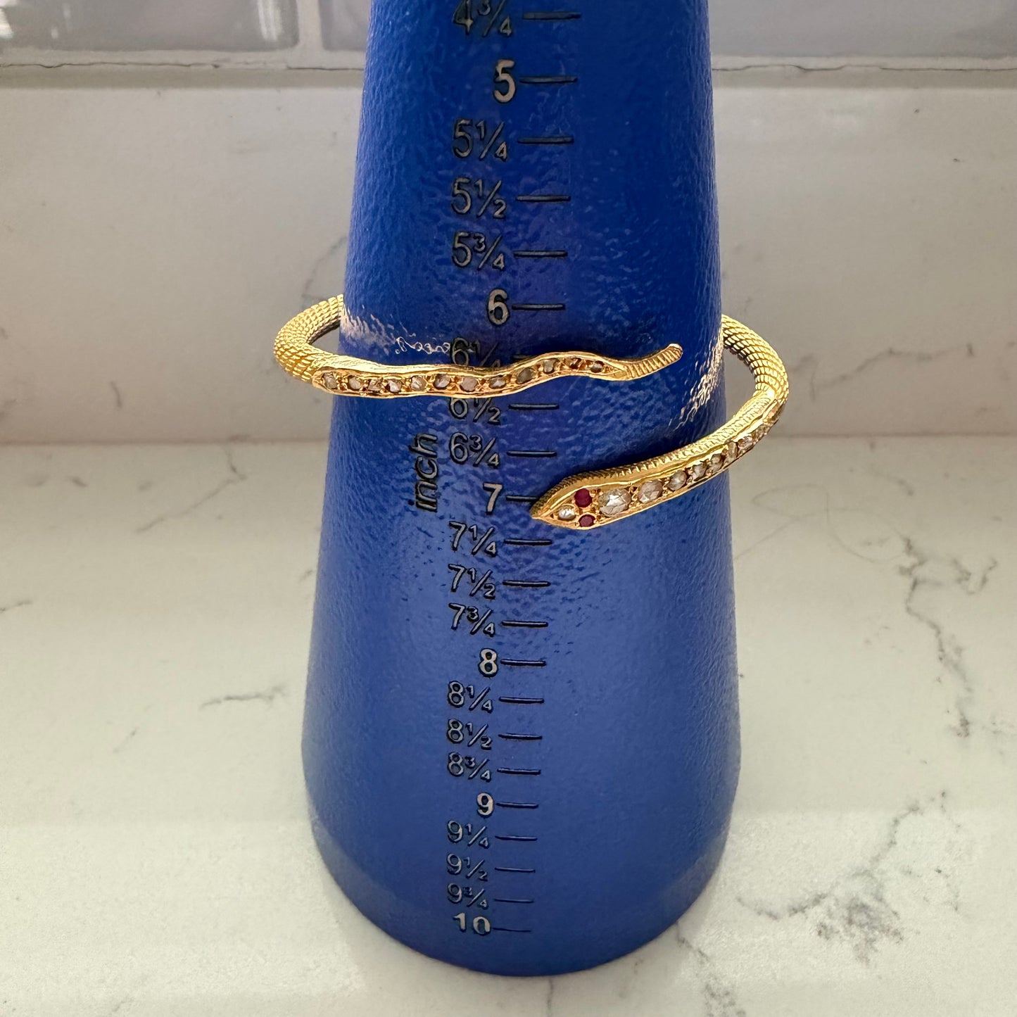 Antique Egyptian Solid 22.5k Yellow Gold Natural Rose Cut Diamond And Ruby Snake Bangle Bracelet (6.5”-8”)
