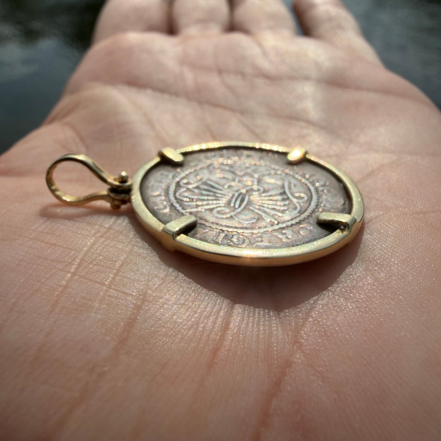 RARE 1474-1504 Silver Catholic Kings Seville 2 Reale Coin 14k Yellow Gold Pendant Retrograde R Counterstrike