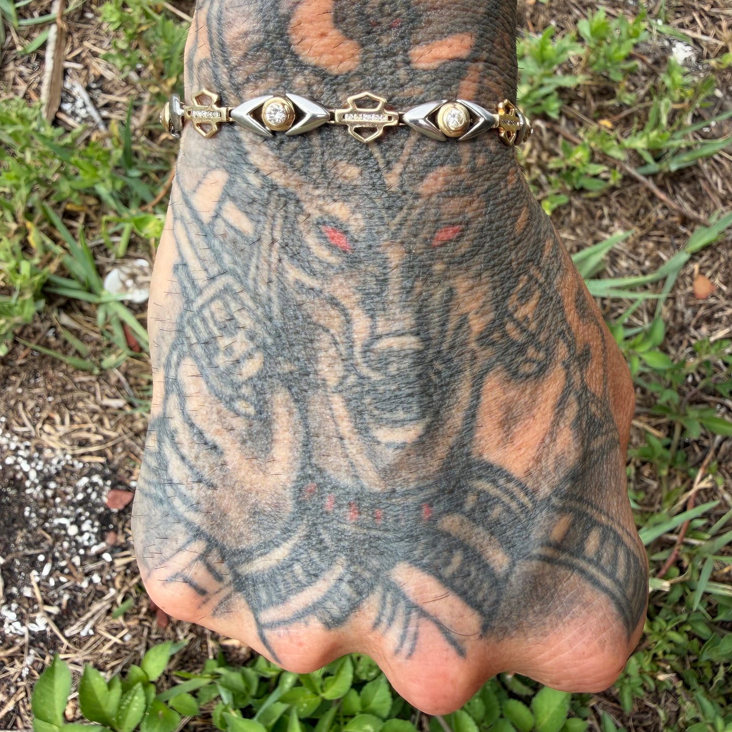 Vintage Solid 14k Yellow Gold .950 Platinum 1.25ctw Natural Diamond Harley-Davidson Bracelet (7”)