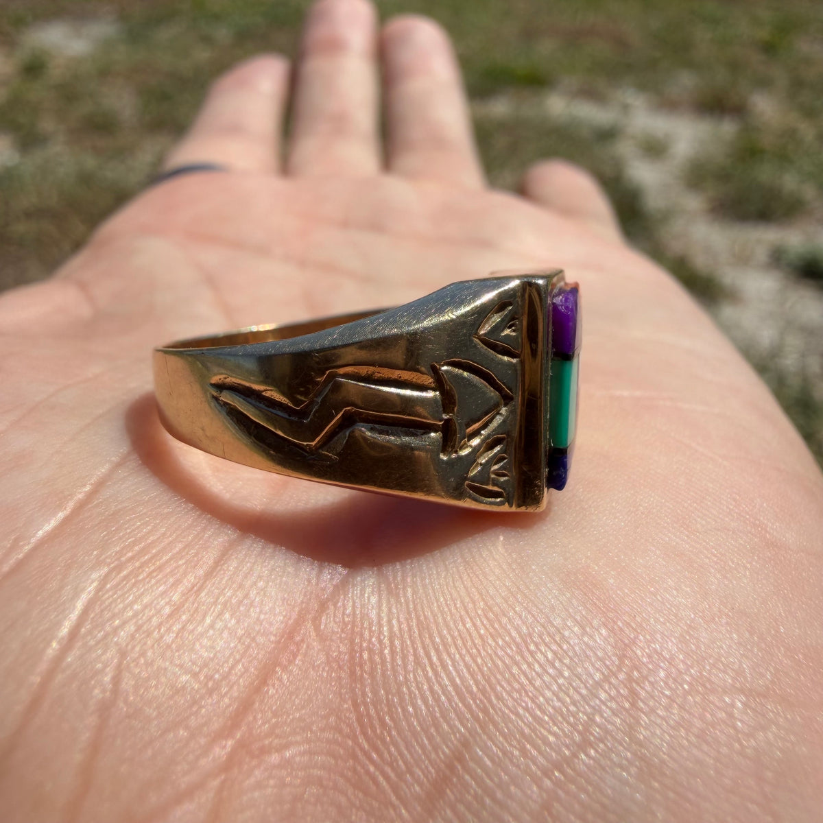 Vintage Native Southwestern Solid 14k Yellow Gold Multi-Stone Inlaid New Mexico State Ring (10)