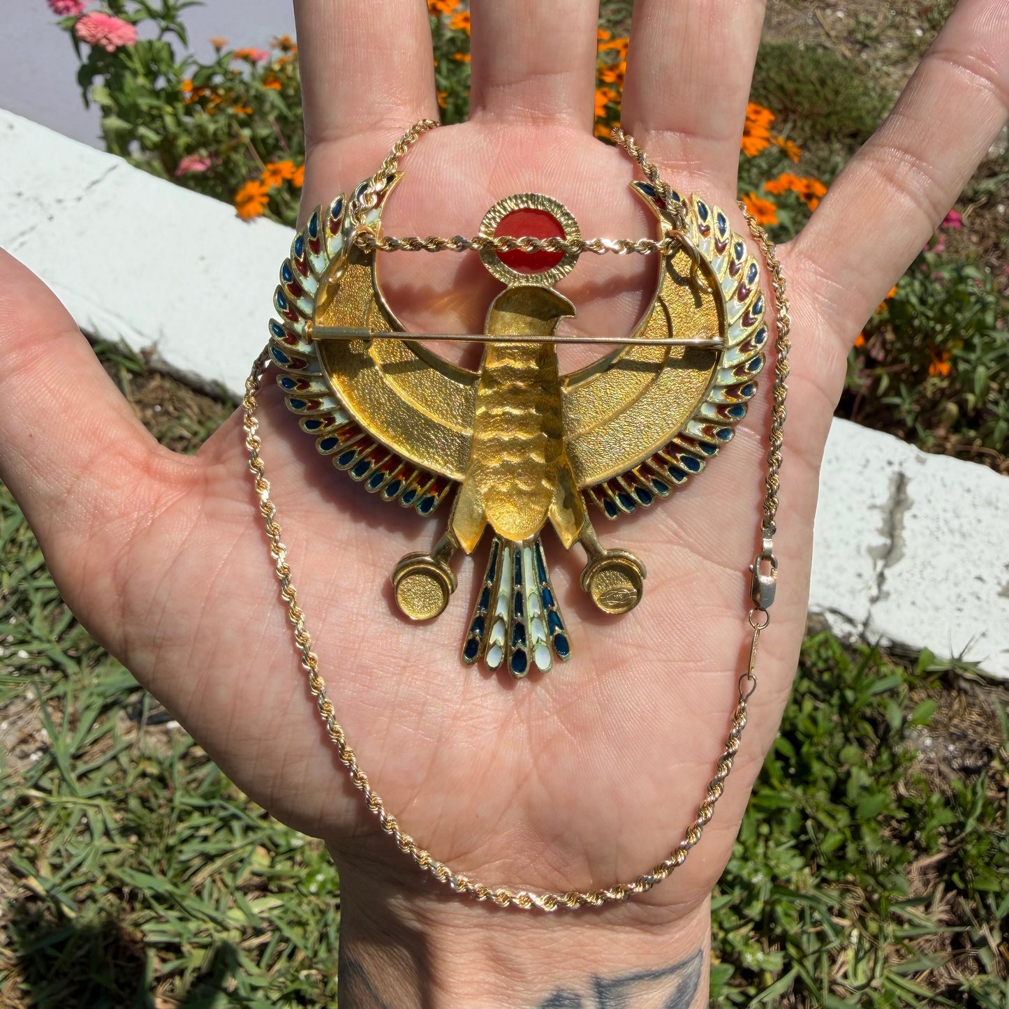 Vintage Solid 18k Yellow Gold Plique-à-Jour Large Egyptian Revival Horus Falcon Pendant/Brooch
