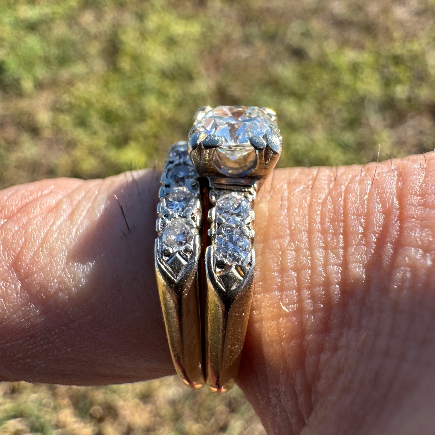 Circa 1930’s Solid 14k Gold 1.50ctw Natural Old Euro Cut Diamond Engagement & Wedding Ring Set (6.5)