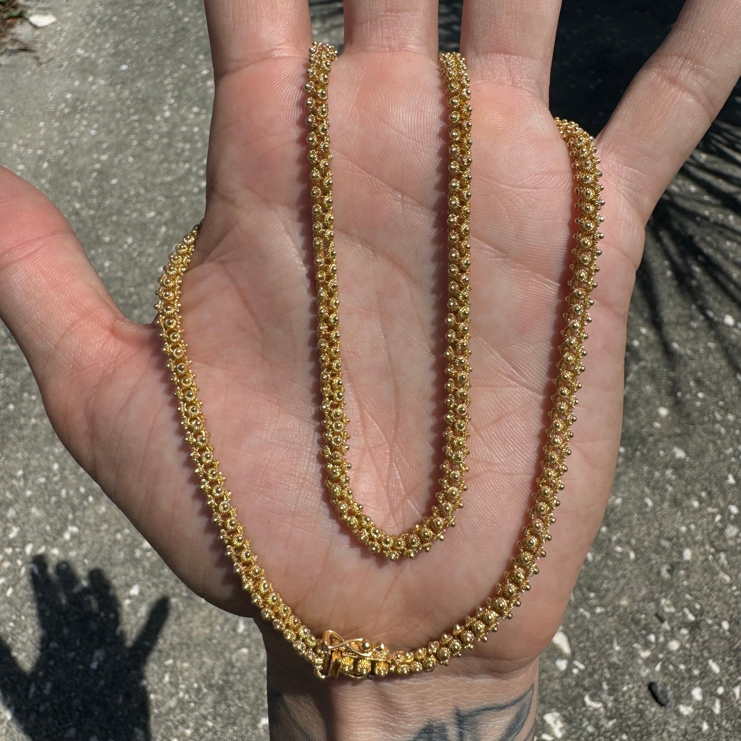 Vintage Solid 18k Yellow Gold Pikun Flower Link Baht Chain Necklace (20.5”)