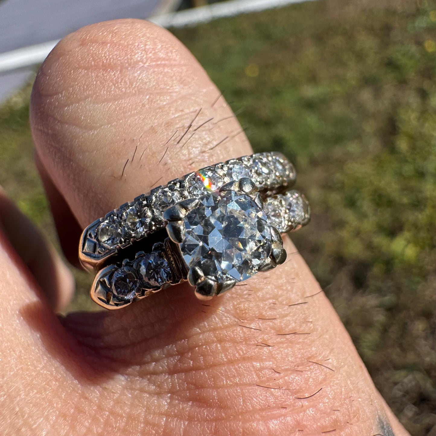 Circa 1930’s Solid 14k Gold 1.50ctw Natural Old Euro Cut Diamond Engagement & Wedding Ring Set (6.5)