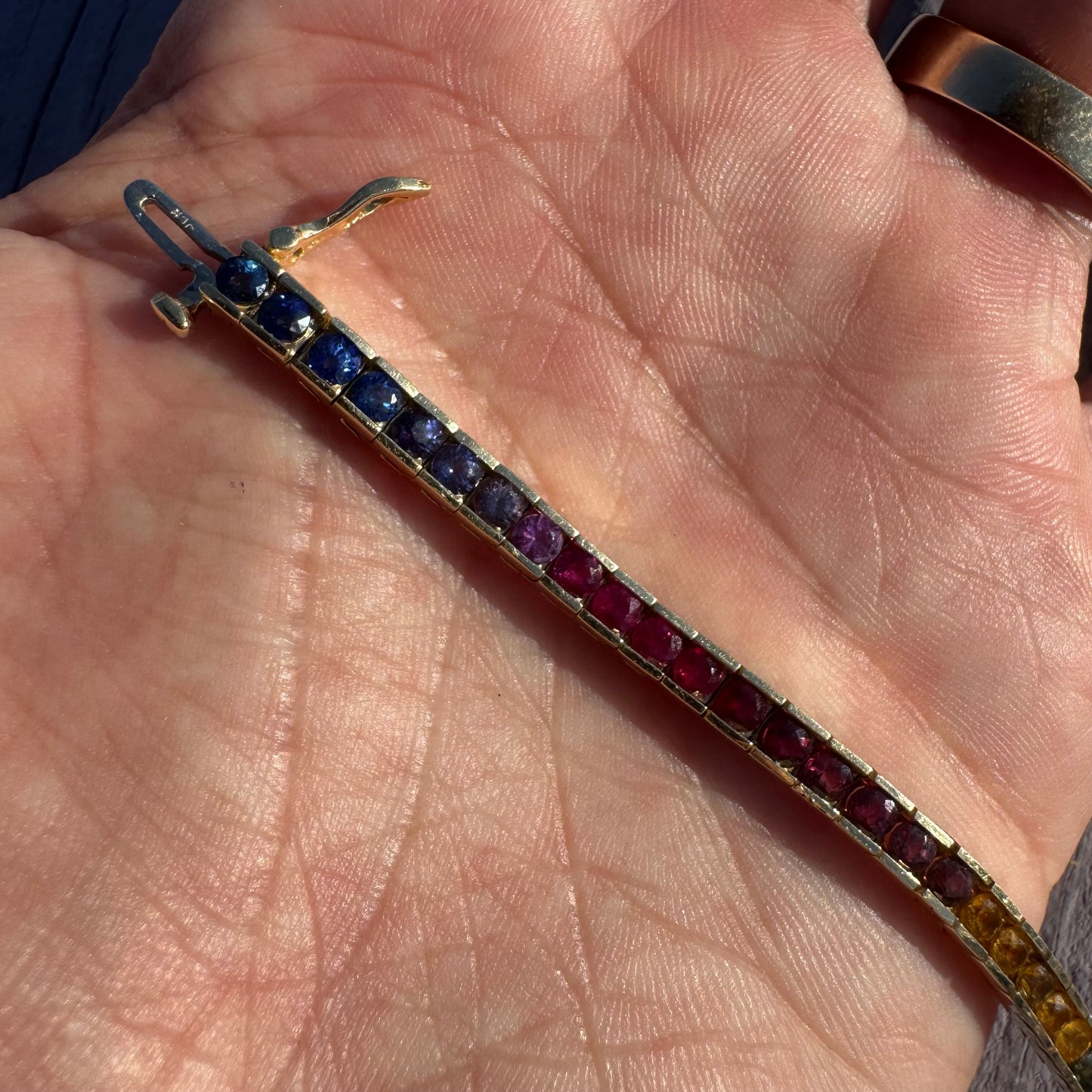 Vintage Solid 14k Yellow Gold 6.0ctw Natural Sapphire Rainbow Tennis Bracelet (7”)