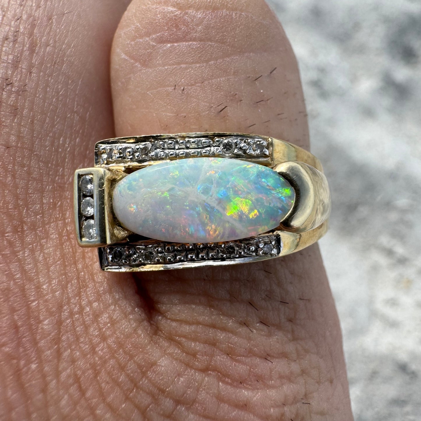 Vintage 14k Yellow Gold Chunky Natural Diamond And Opal Modernist Ring (6.5)