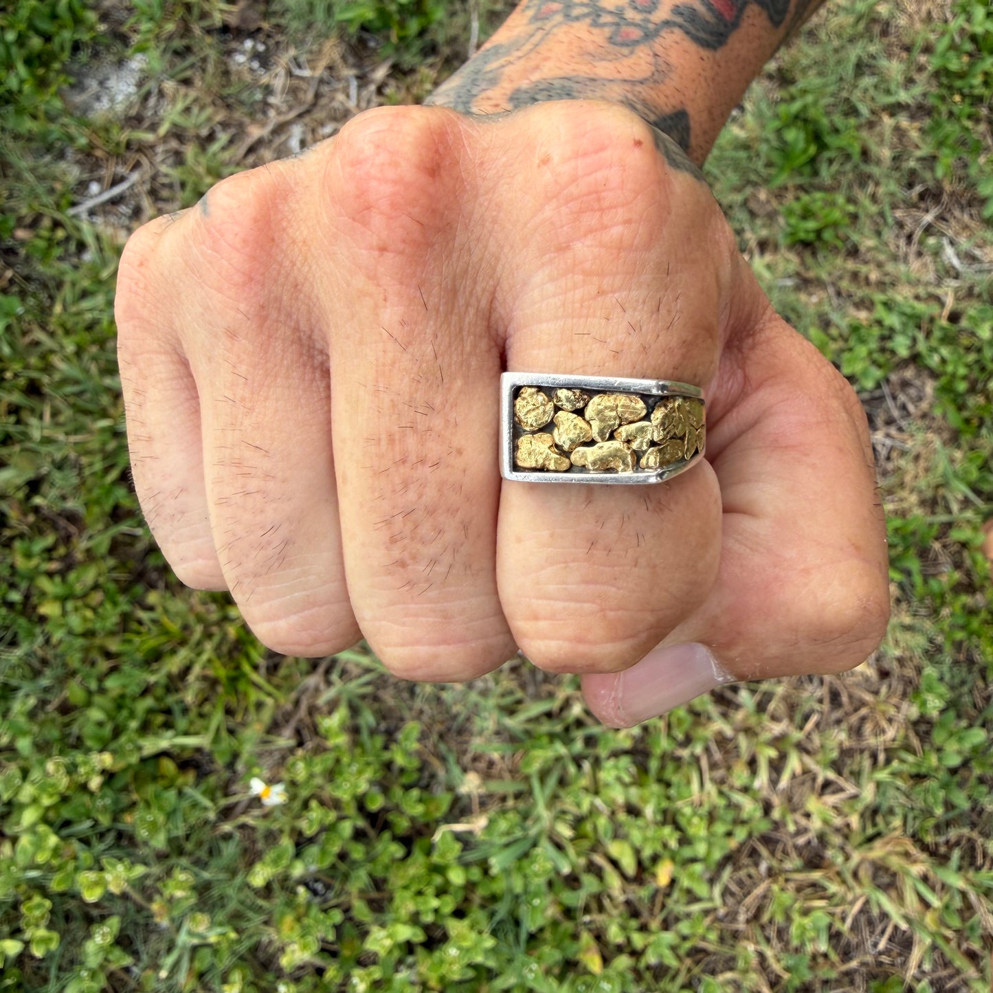 Vintage Solid Sterling Silver 23k Raw Natural Gold Placer Nugget Signet Ring (11)