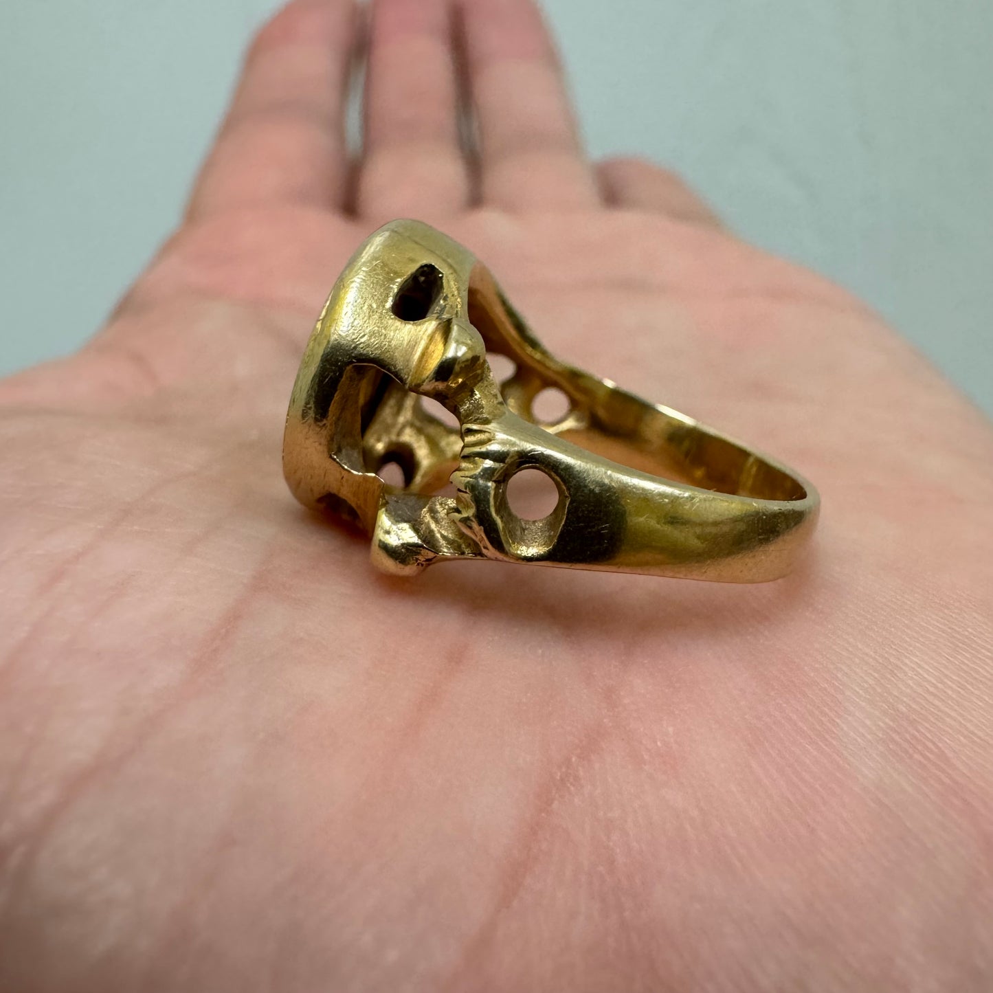 1945 22k Gold Mexican Dos Pesos 14k Yellow Gold Brutalist Nugget Coin Ring (6.5)
