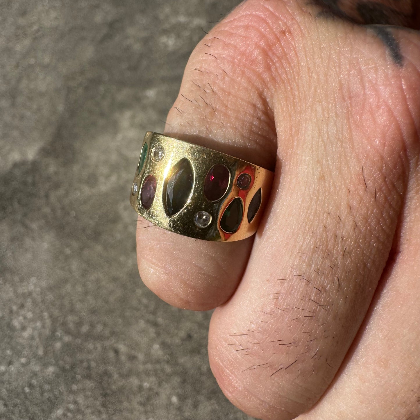 Custom Solid 18k Yellow Gold 2.35ctw Flush Set Natural Sapphire, Ruby, Emerald, And Diamond Tapered Cigar Band (7)