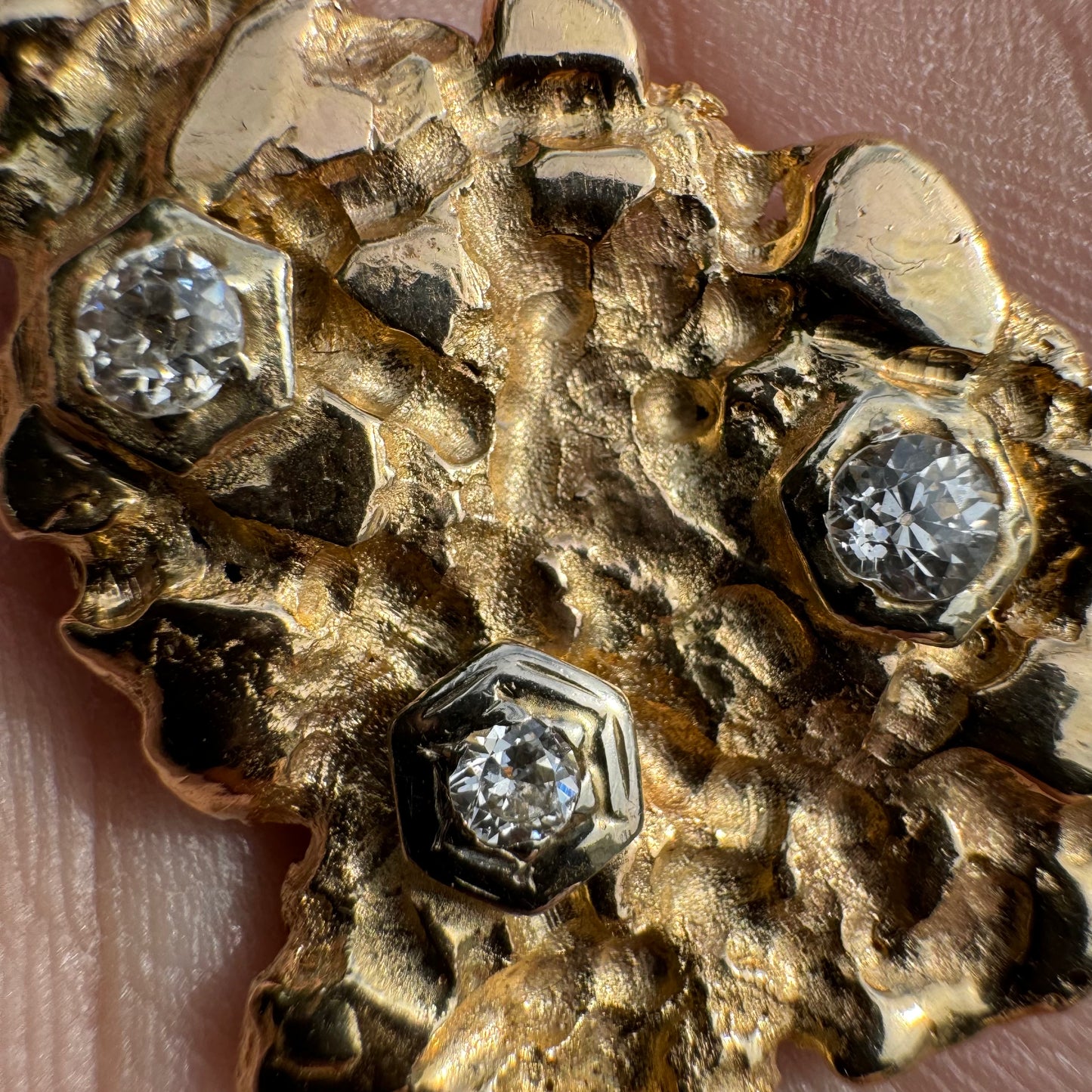 Vintage Custom Solid 14k Yellow Gold Natural Old Euro Cut Diamond Encrusted Nugget Pendant