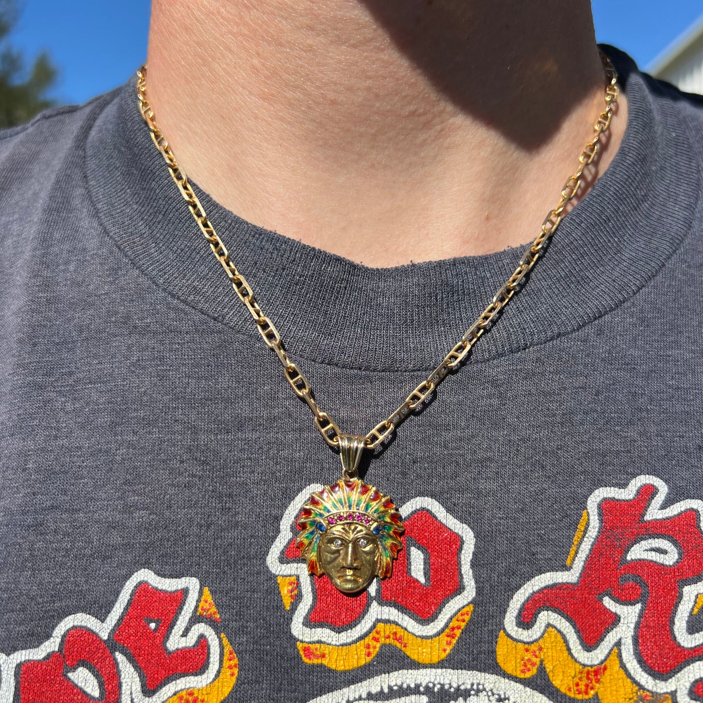 Pre-1950’s Solid 18k Yellow Gold Fire Enameled Chief Pendant