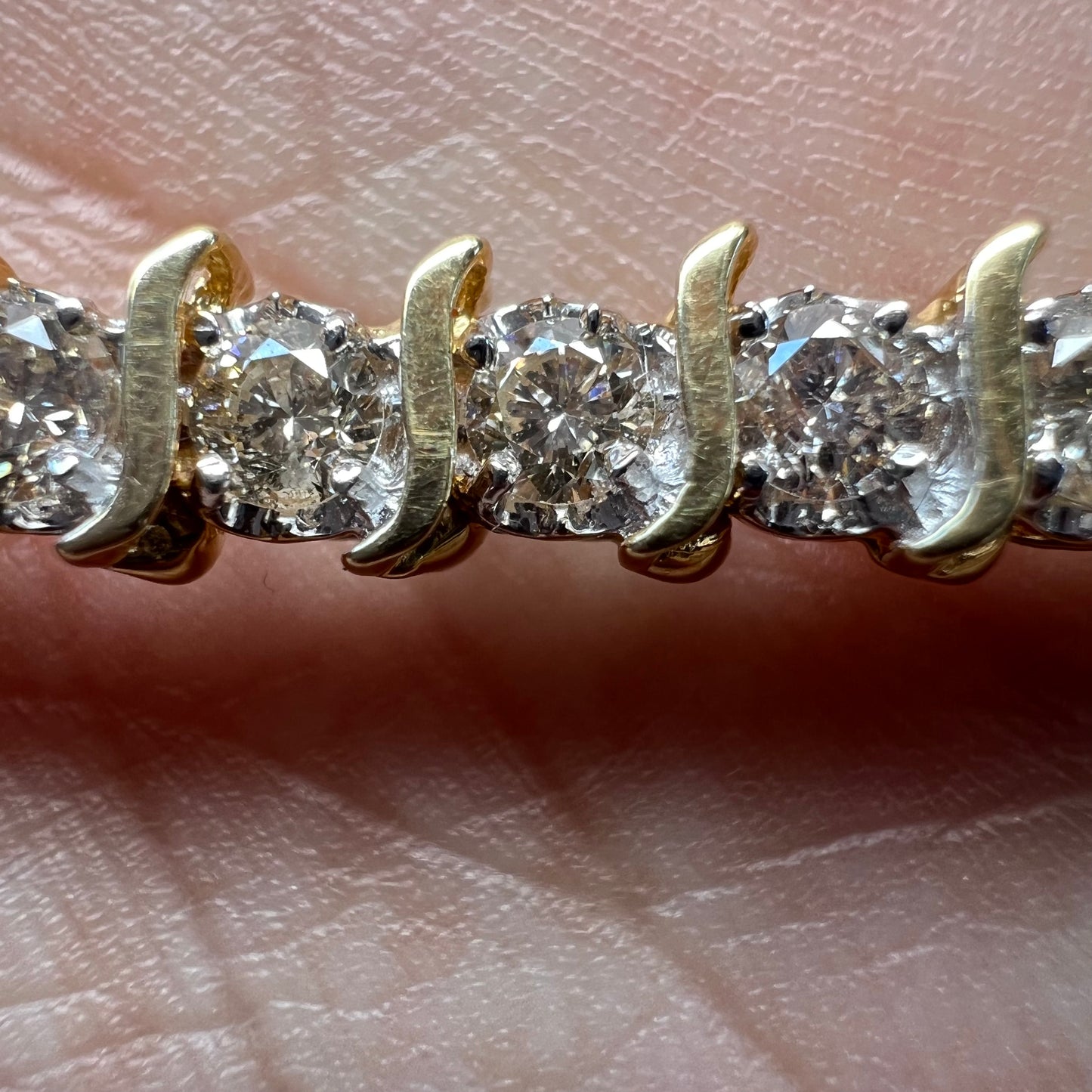 Vintage 14k Yellow Gold 4.1CTW Natural Diamond S-Link Tennis Bracelet (7.35”)