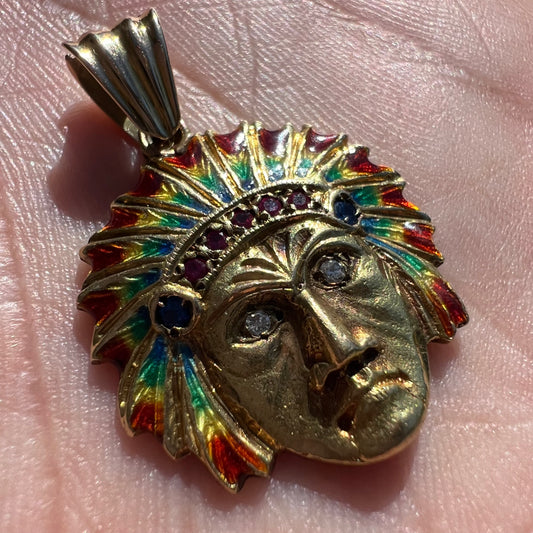 Pre-1950’s Solid 18k Yellow Gold Fire Enameled Chief Pendant