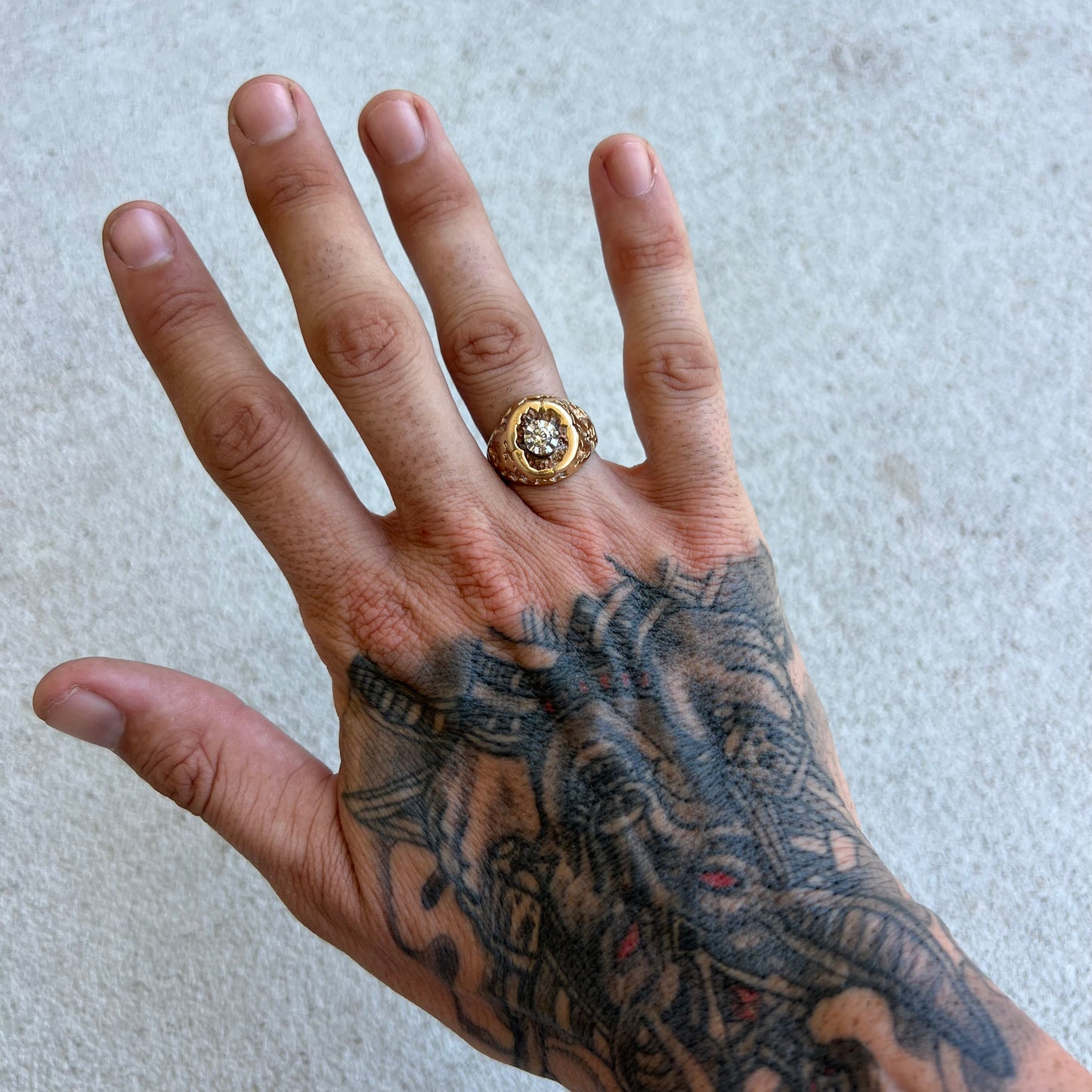 Mid-Century 14k Honeycomb Nugget Diamond Solitaire Ring (8.75)