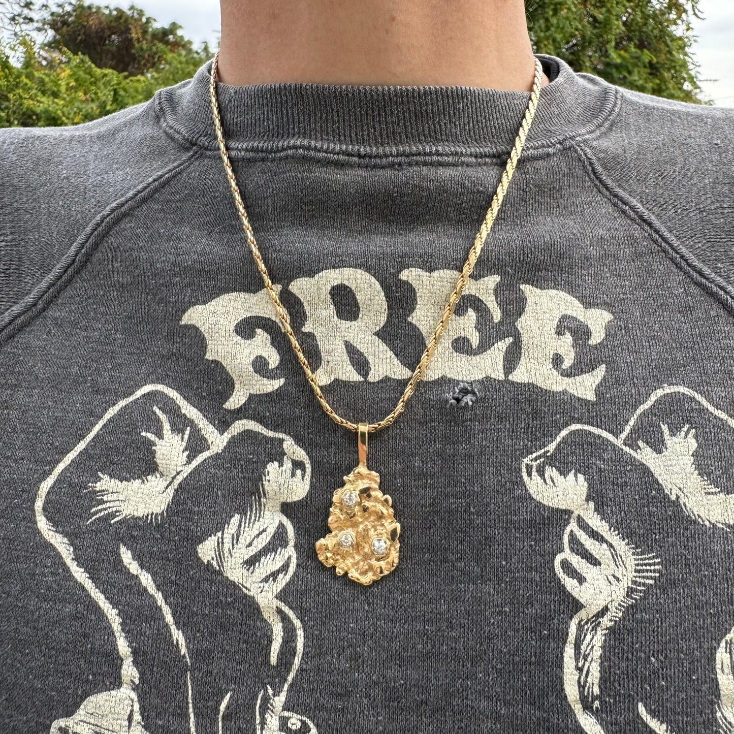 Vintage Custom Solid 14k Yellow Gold Natural Old Euro Cut Diamond Encrusted Nugget Pendant