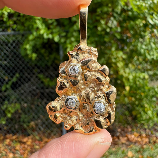 Vintage Custom Solid 14k Yellow Gold Natural Old Euro Cut Diamond Encrusted Nugget Pendant