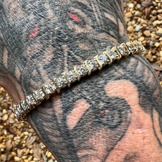 Vintage 14k Yellow Gold 4.1CTW Natural Diamond S-Link Tennis Bracelet (7.35”)