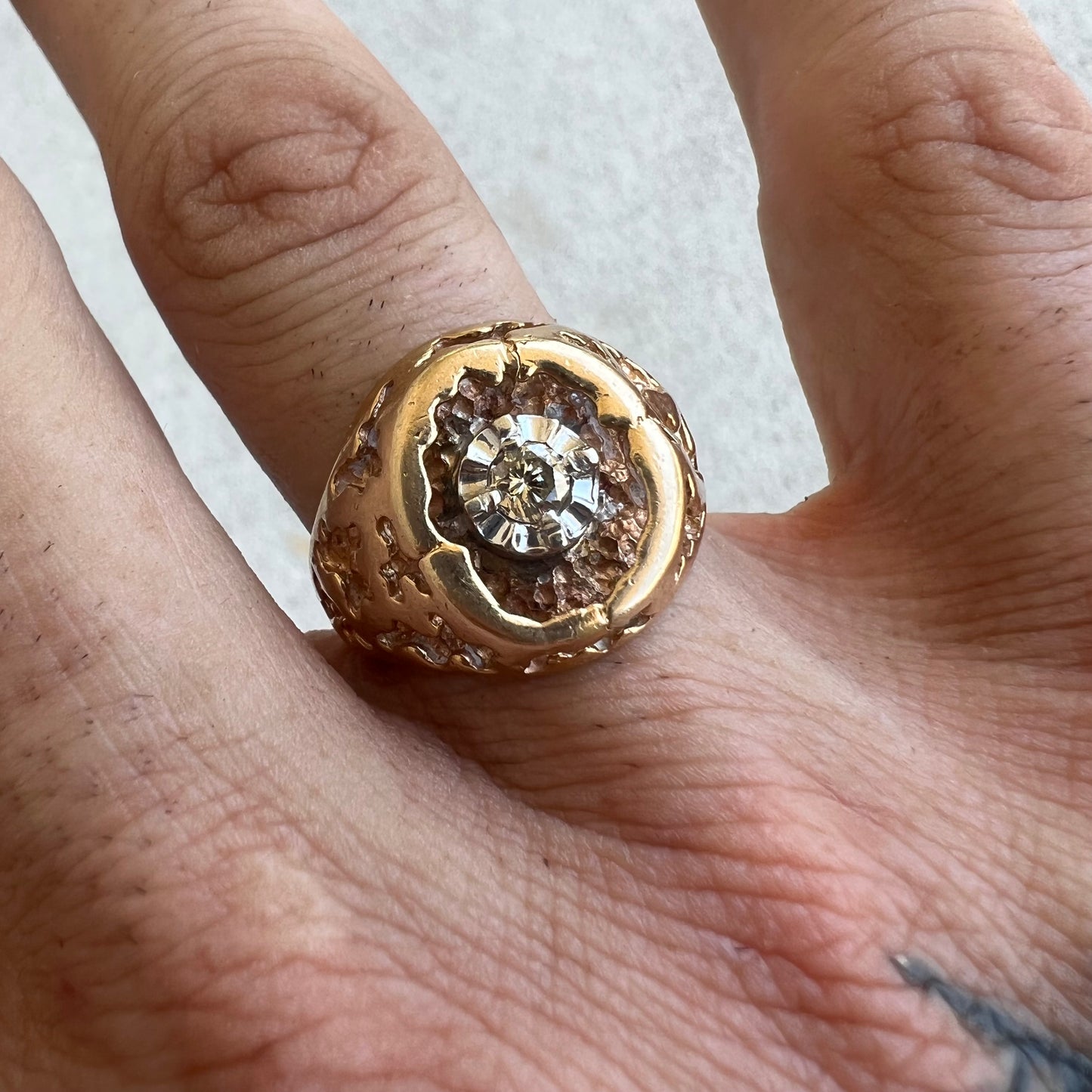 Mid-Century 14k Honeycomb Nugget Diamond Solitaire Ring (8.75)