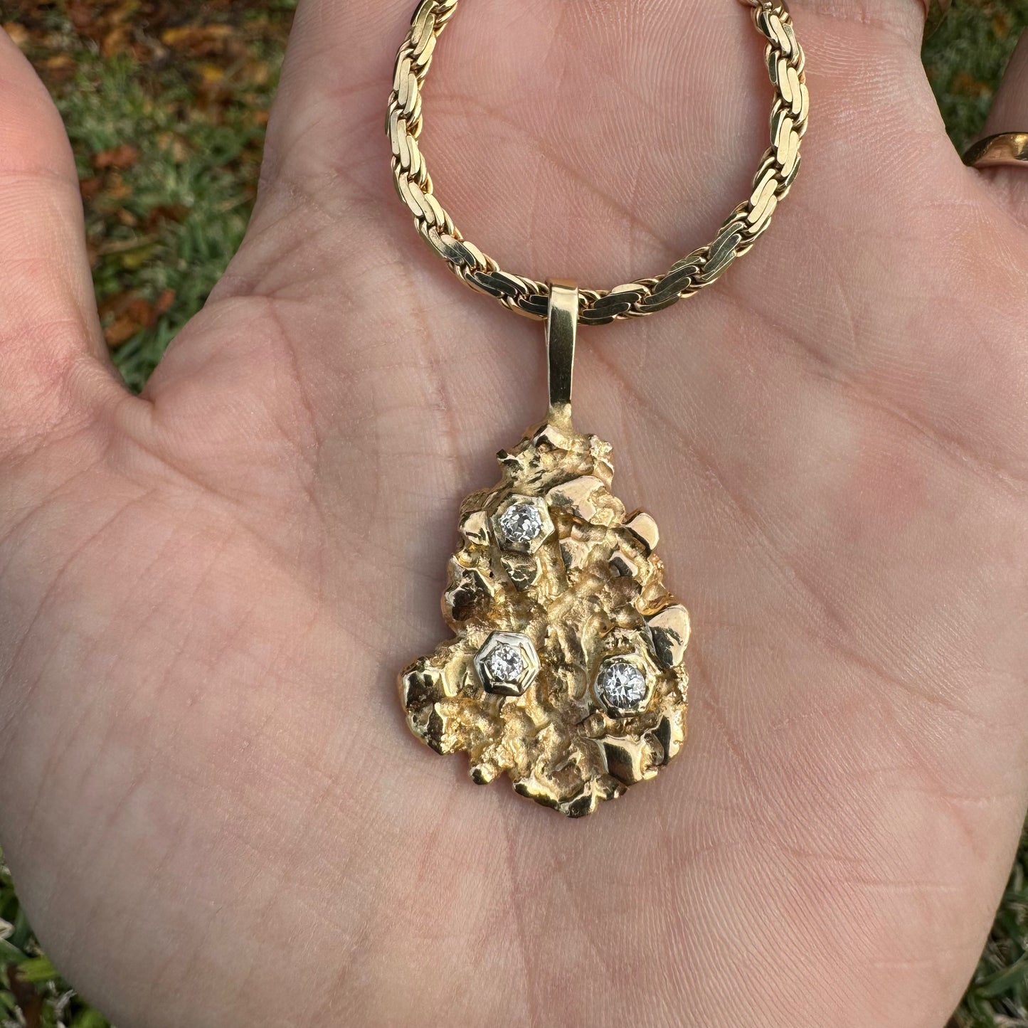 Vintage Custom Solid 14k Yellow Gold Natural Old Euro Cut Diamond Encrusted Nugget Pendant
