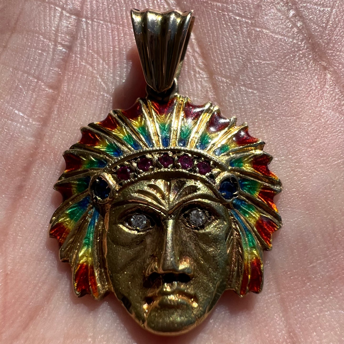 Pre-1950’s Solid 18k Yellow Gold Fire Enameled Chief Pendant
