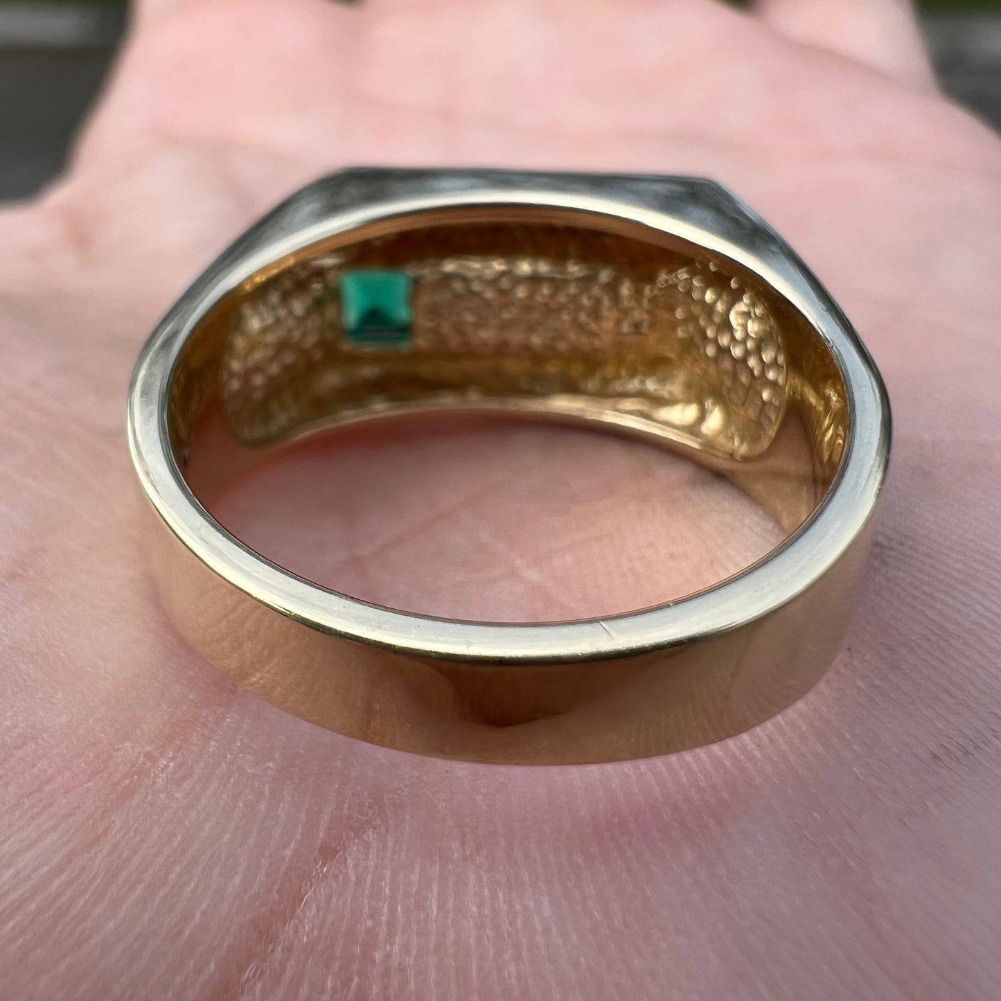 Vintage Solid 14k Yellow Gold Black Onyx Emerald And Diamond Modernist Ring (10.5)