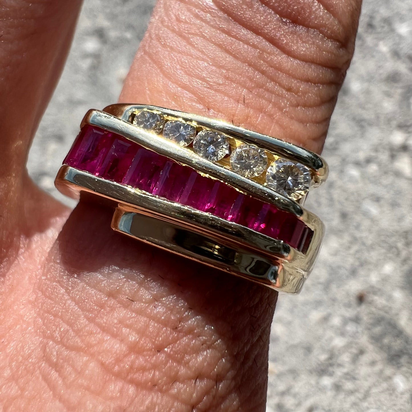 Vintage 14k Yellow Gold Modernist Style Natural Ruby And Diamond Ring (9.5)