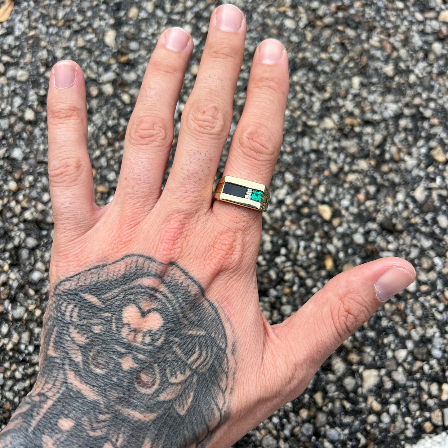 Vintage Solid 14k Yellow Gold Black Onyx Emerald And Diamond Modernist Ring (10.5)