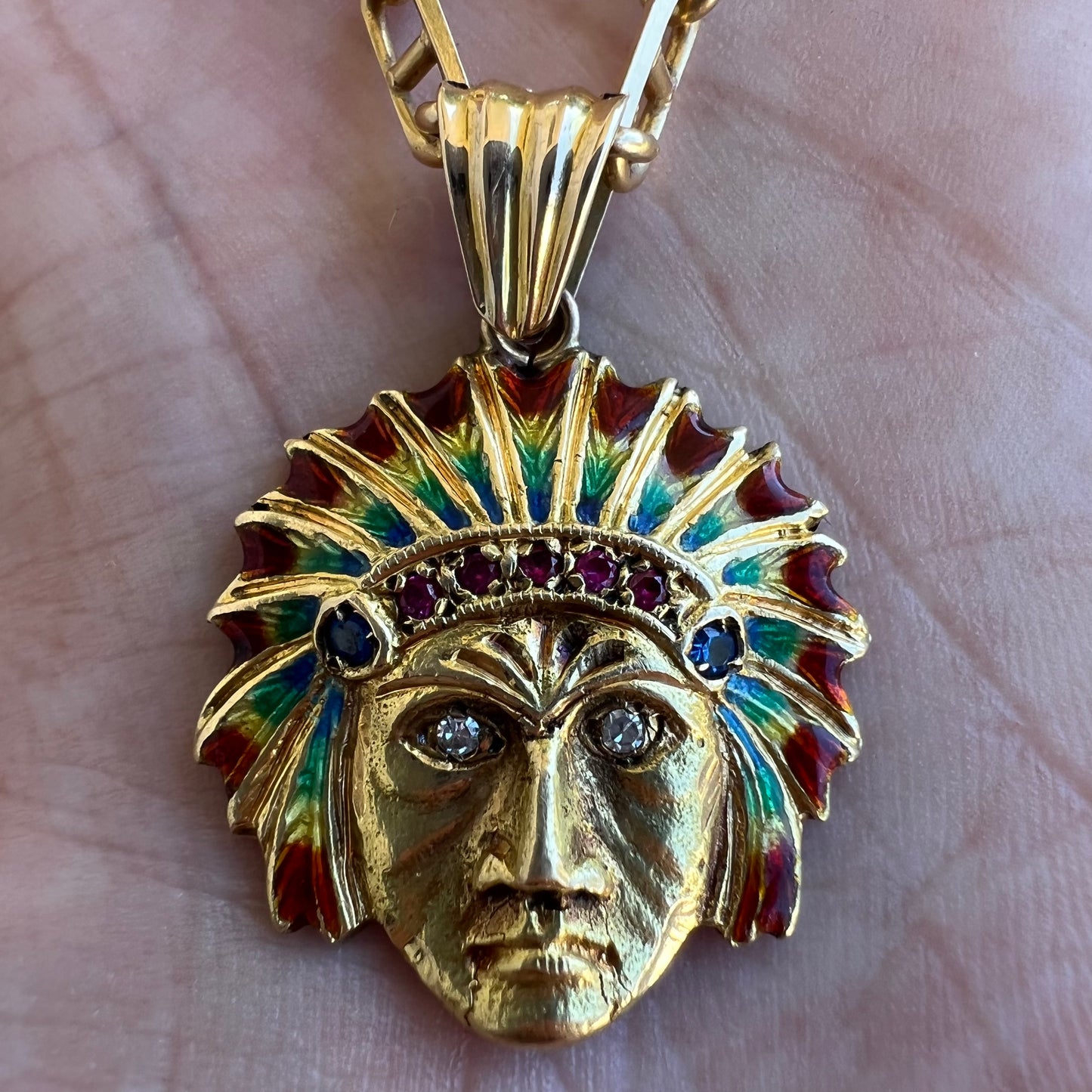Pre-1950’s Solid 18k Yellow Gold Fire Enameled Chief Pendant