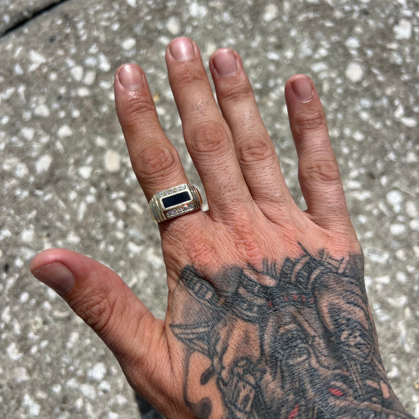 1980’s 14k Black Onyx Inlaid .60CTW Natural Diamond Step Up Signet Ring (10.5)