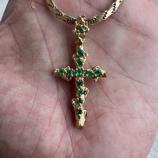 Vintage Custom Made Solid 18k Yellow Gold Colombian Emerald Encrusted Brutalist Cross Pendant