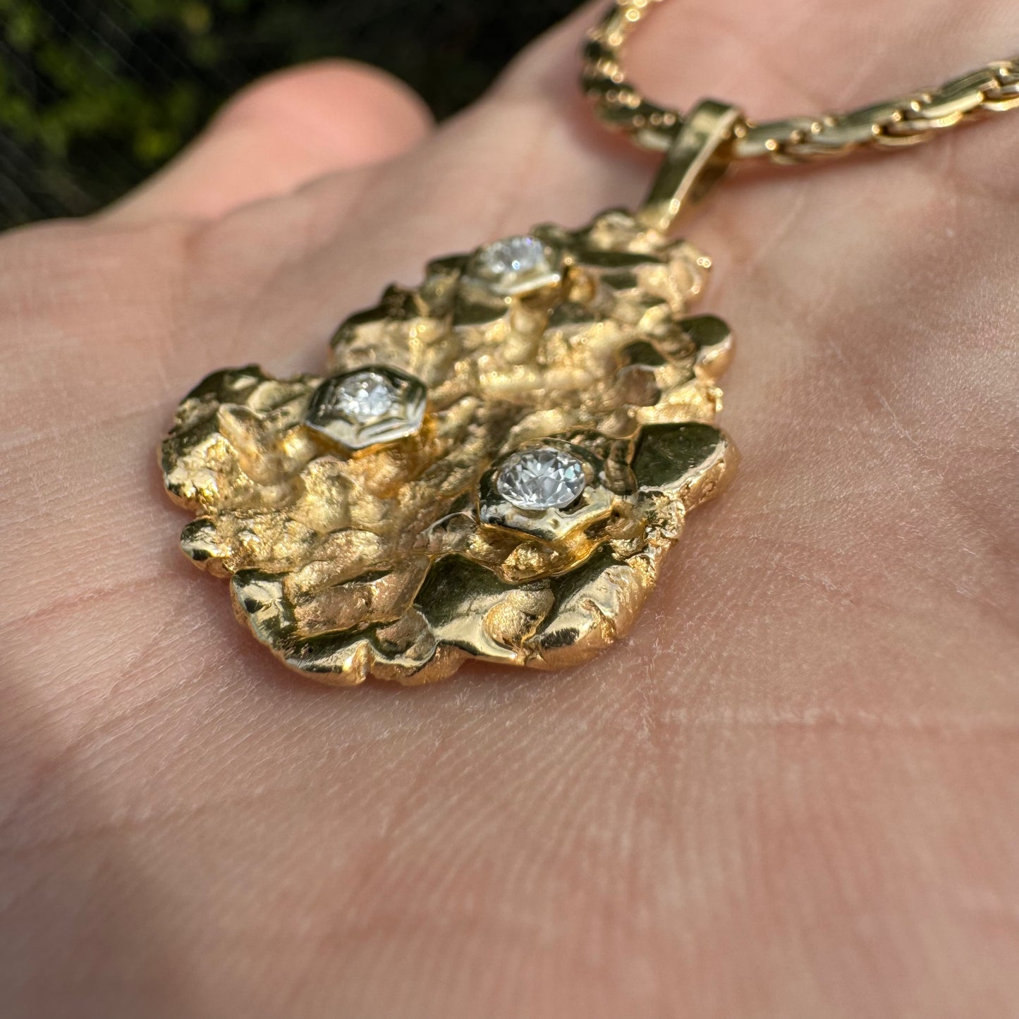 Vintage Custom Solid 14k Yellow Gold Natural Old Euro Cut Diamond Encrusted Nugget Pendant