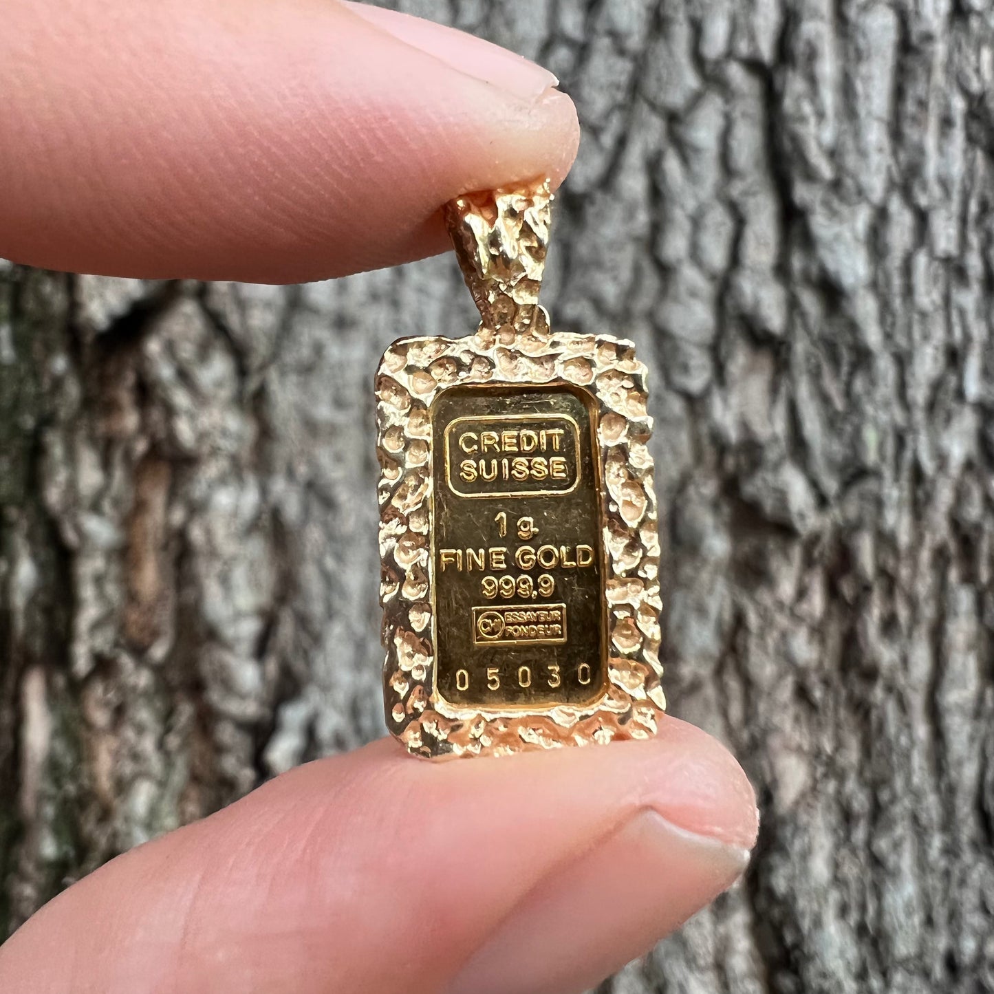 1980’s Pure .999 24k Gold (1g) Credit Suisse Bar Nugget Pendant