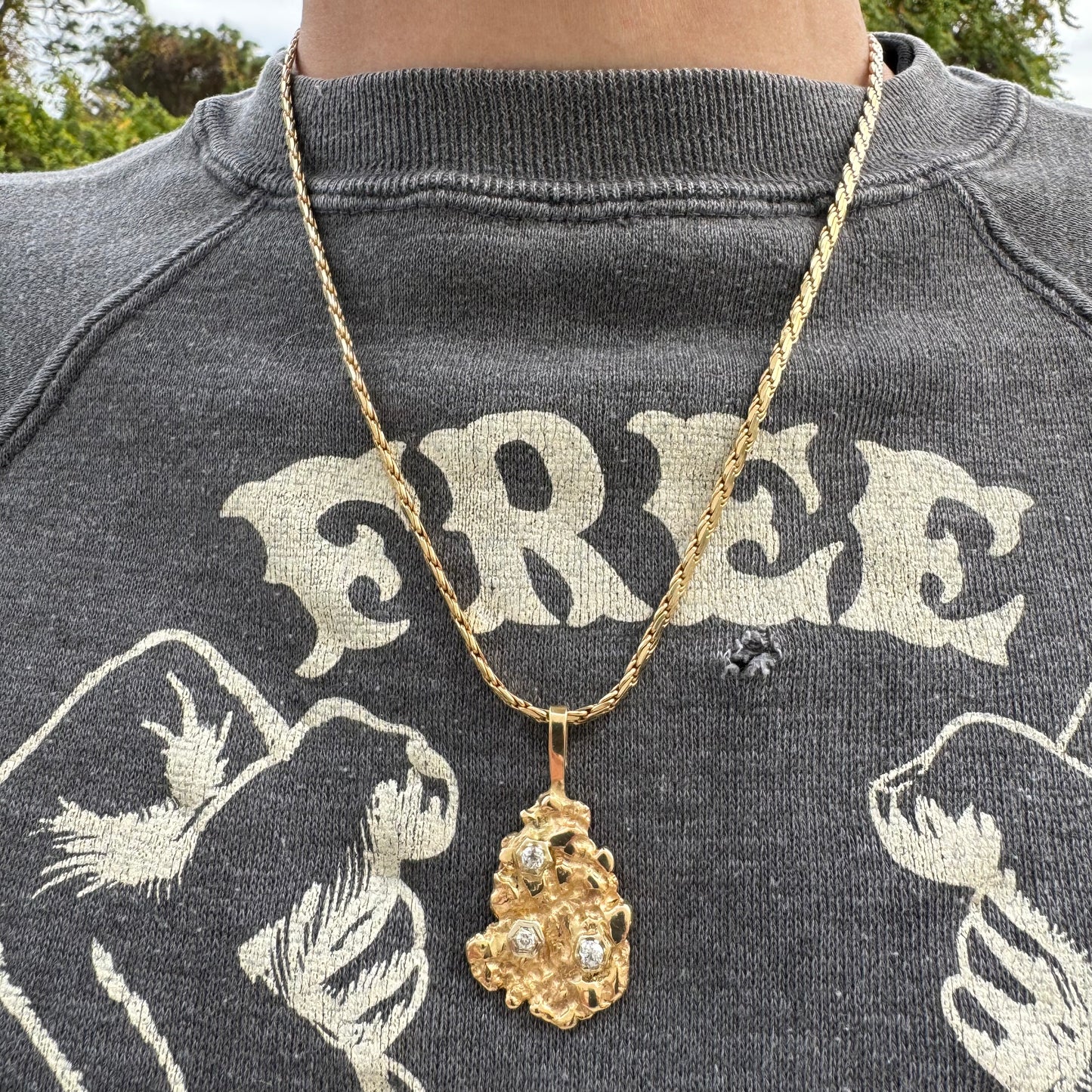 Vintage Custom Solid 14k Yellow Gold Natural Old Euro Cut Diamond Encrusted Nugget Pendant