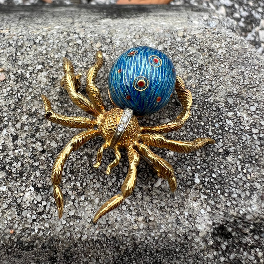 Mid-Century Italian 18k Gold Fire Enameled Spider Brooch By Corletto