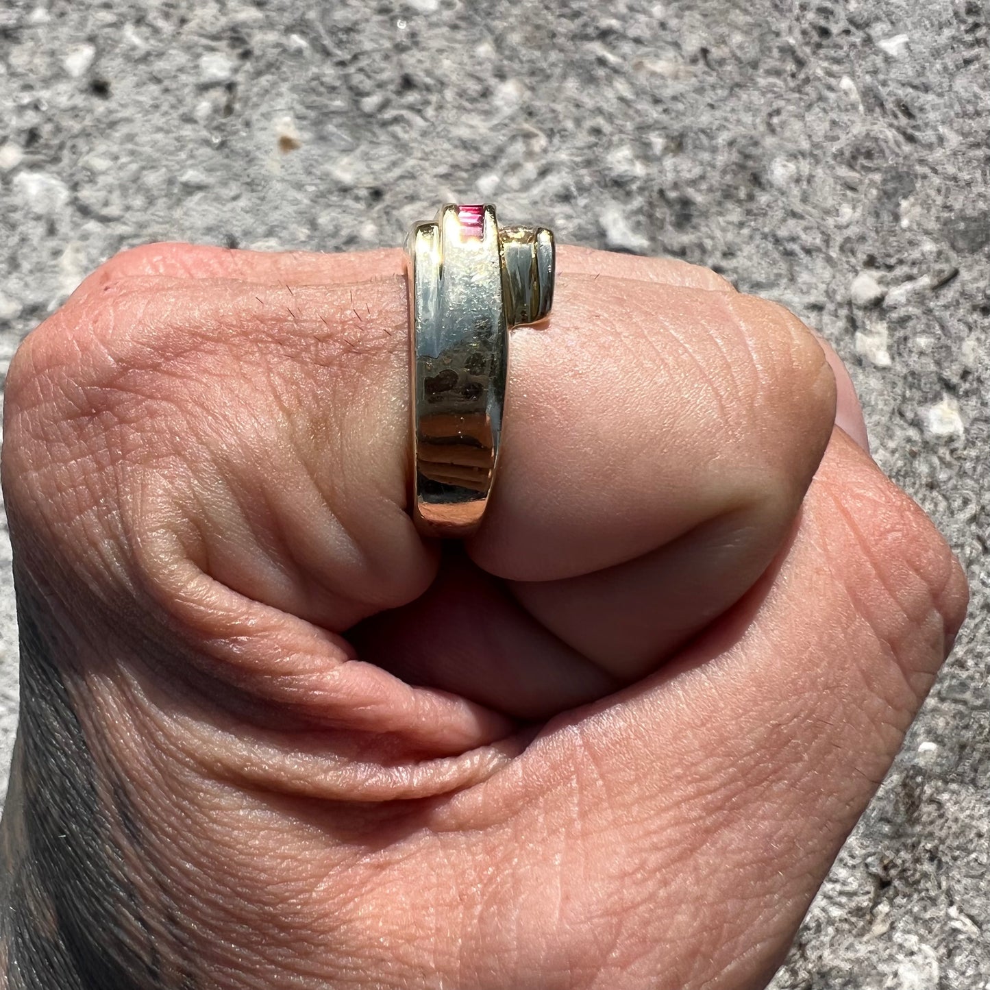 Vintage 14k Yellow Gold Modernist Style Natural Ruby And Diamond Ring (9.5)