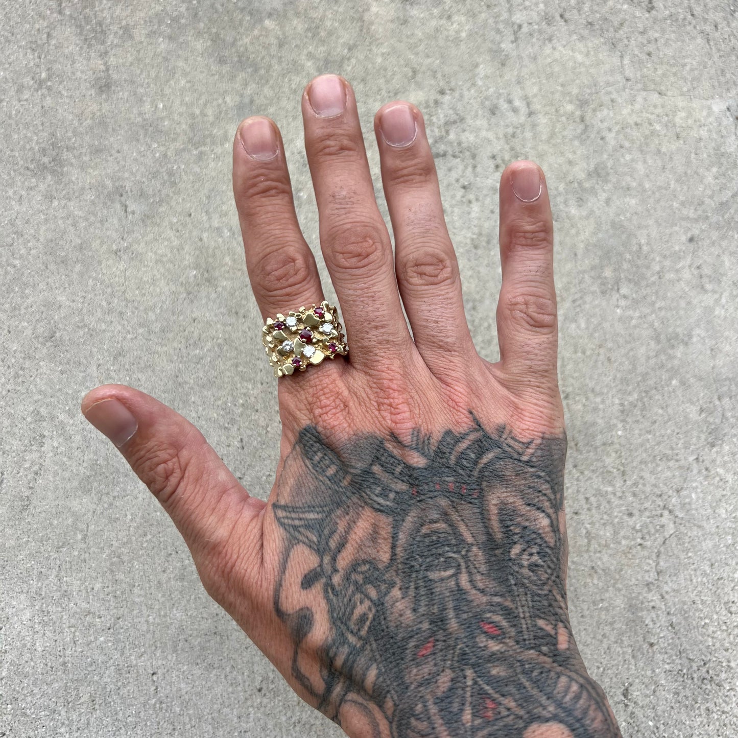Vintage 14k Yellow Gold Natural Diamond And Ruby Heavyweight Custom Nugget Ring (12.5)