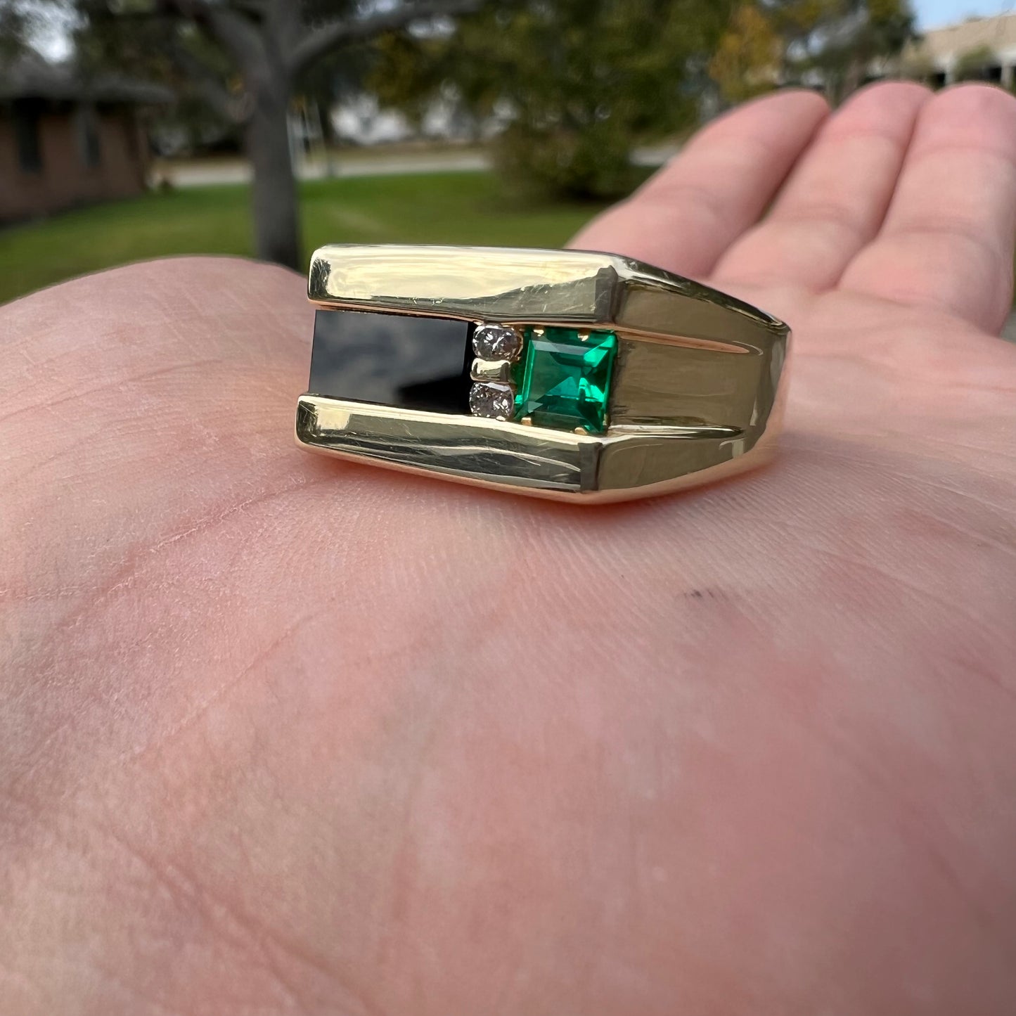 Vintage Solid 14k Yellow Gold Black Onyx Emerald And Diamond Modernist Ring (10.5)