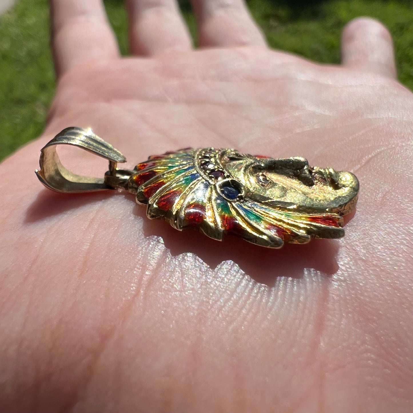 Pre-1950’s Solid 18k Yellow Gold Fire Enameled Chief Pendant