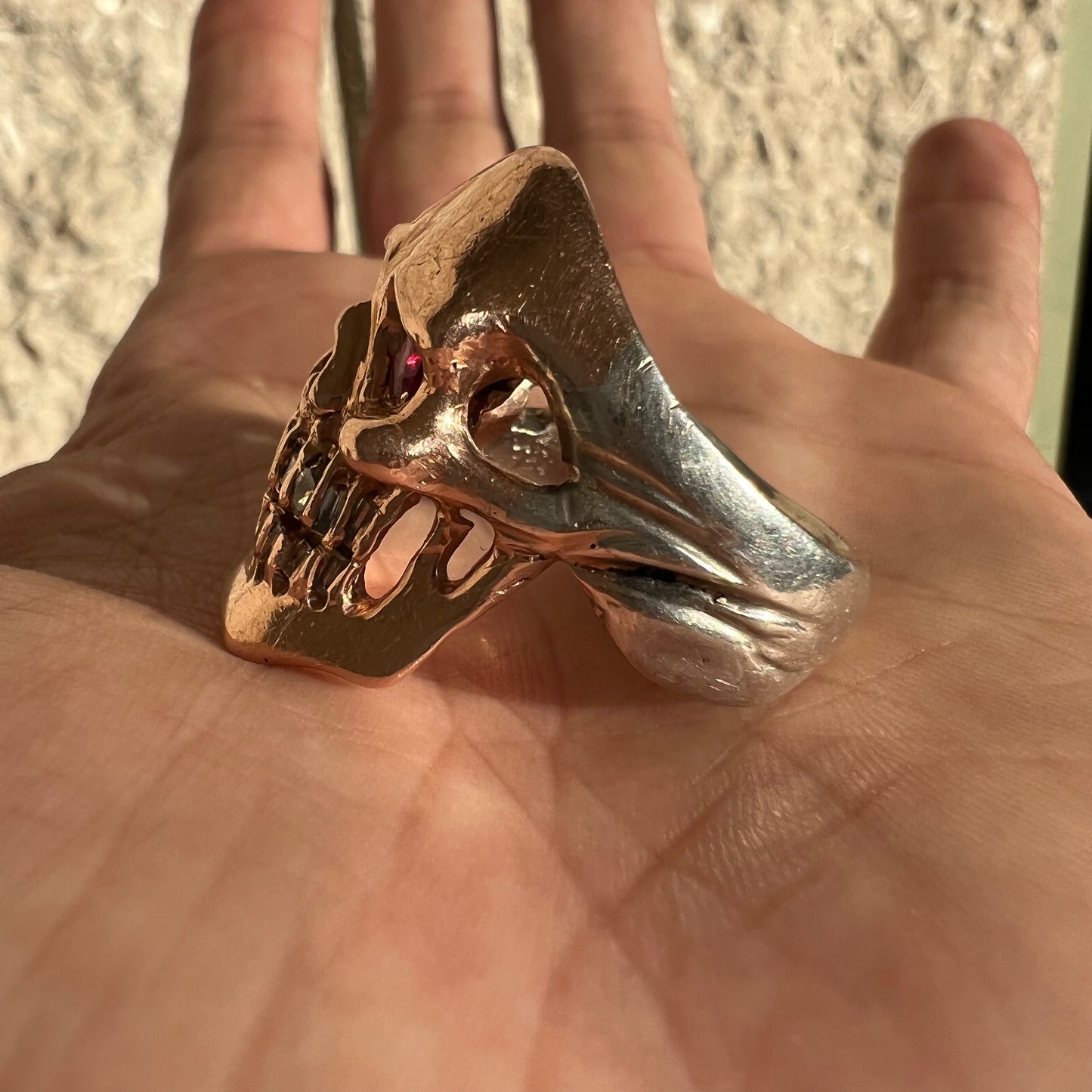 Vintage Custom 14k Rose Gold And Sterling Natural Diamond And Ruby Encrusted Skull Ring (10)