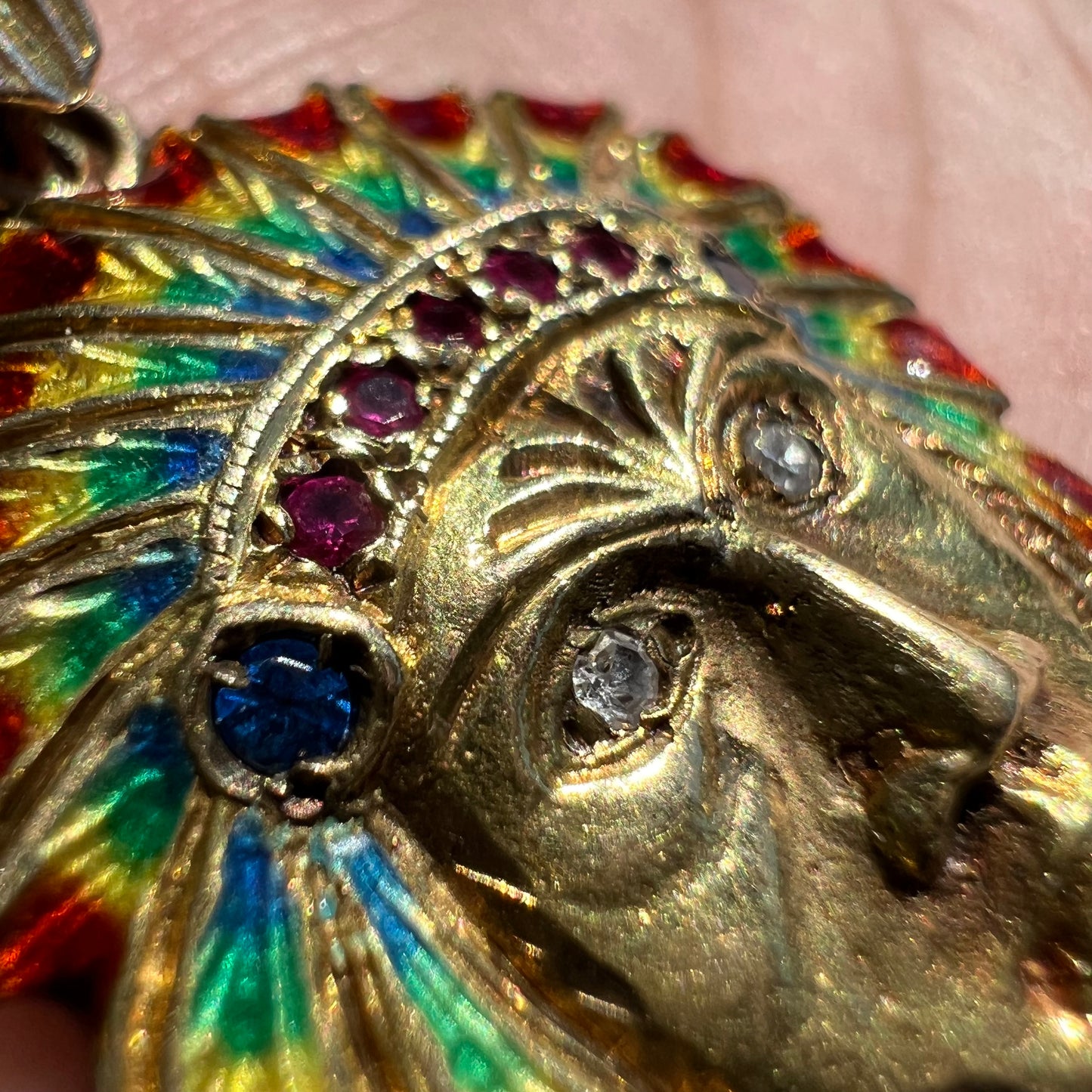Pre-1950’s Solid 18k Yellow Gold Fire Enameled Chief Pendant